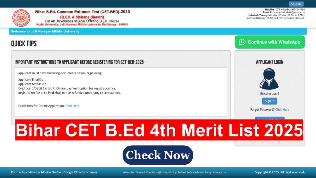 Bihar CET B.Ed 4th Merit List 2025 Out