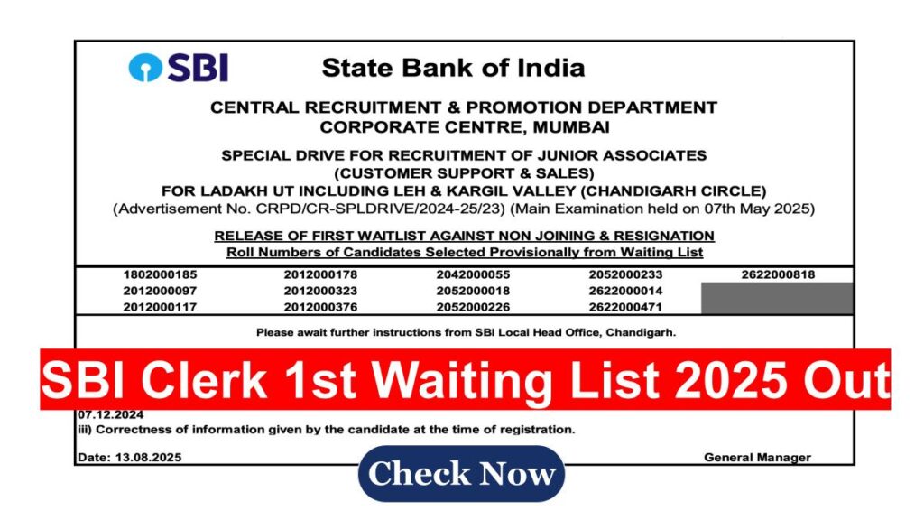 SBI Clerk 1st Waiting List 2025 Out